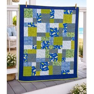 Handmade Patchwork Quilt 54x62 Blue‎ Green Beach House Gecko Throw